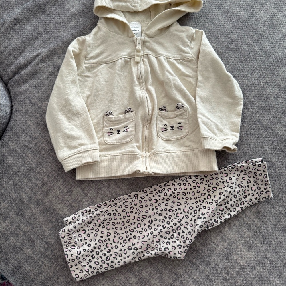Carter's Beige Hoodie and Black Leopard Pants Set